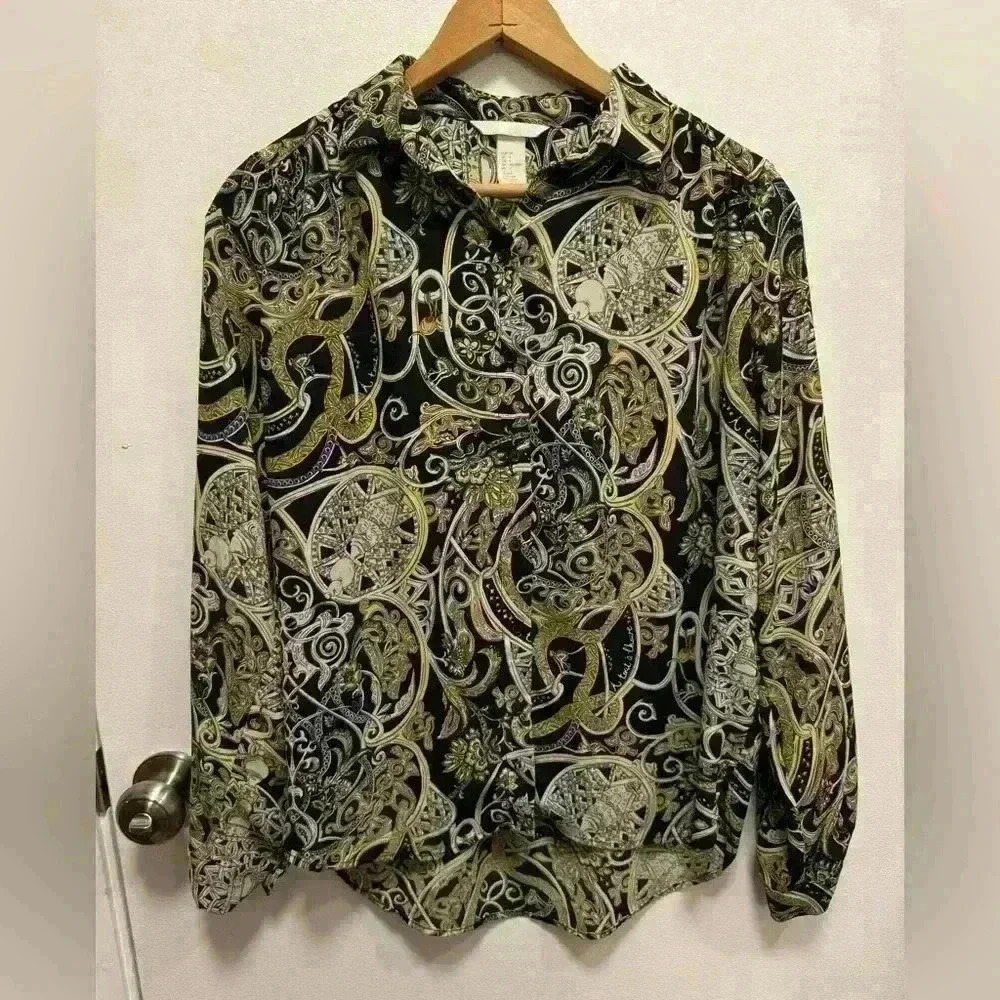 H&M Women Blouse Top Black Gold Floral Geometric Button Collar Long Sleeve US 4
